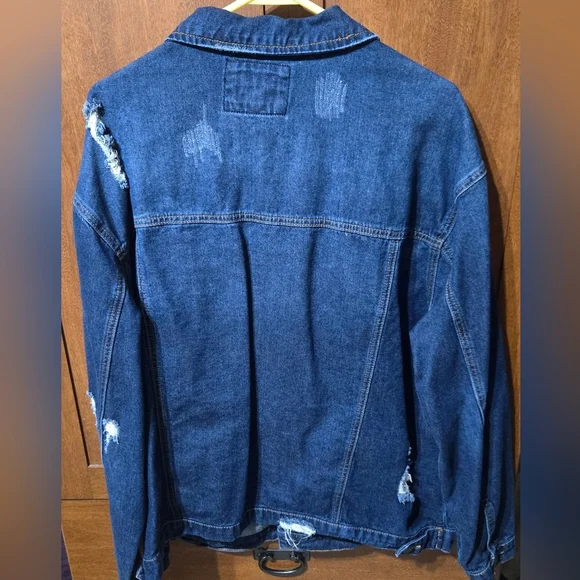 Womens Plus Size Wax Jean Distressed Dark Blue Denim Jacket - Picture 4 of 4